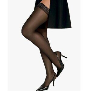 NWT Hanes Women's Black Silky Sheer Lace Thigh-High Stockings, Size L